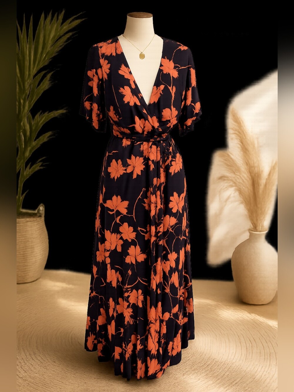 Lucy Love Navy and Coral Floral Wrap Maxi Dress with Tie Waist Sz. Medium EUC!